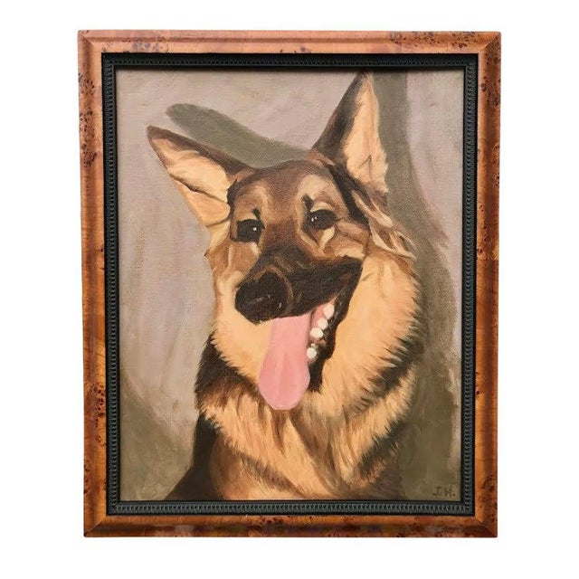 Vintage Midcentury Oil Painting Portrait of a German Shepard Dog