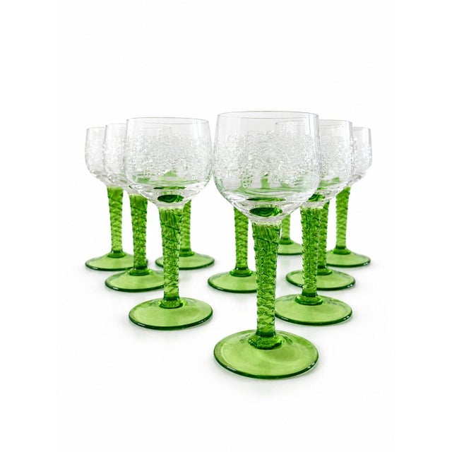 1960s Bohemia Glass Remmare Liqueur Glasses with Green Stem, 12 Pieces, 1960s from Royal Dux Bohemia, Set of 12 For Sale - Image 5 of 5