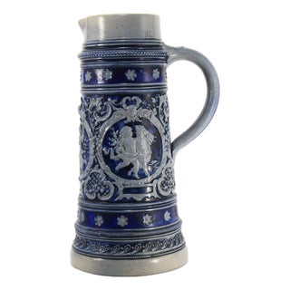 1880's Blue on Gray Stoneware Beer Stein 2 L Westerwald, Germany For Sale