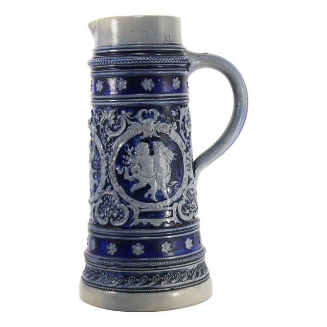 1880's Blue on Gray Stoneware Beer Stein 2 L Westerwald, Germany For Sale