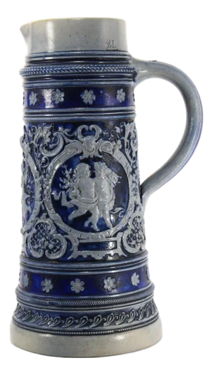 1880's Blue on Gray Stoneware Beer Stein 2 L Westerwald, Germany