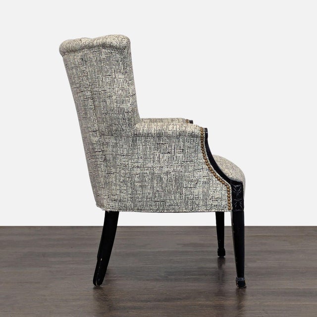 Classic Upholstered Wingback Lounge Chair With Carved Wood Arms and Legs For Sale - Image 4 of 6