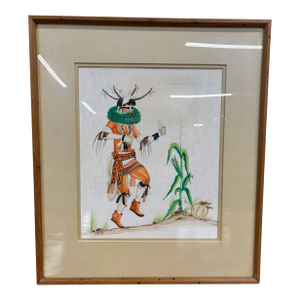Vintage Original Watercolor “The Zuni Corn Dancer” by Percy Sandy, Signed Kai Sa