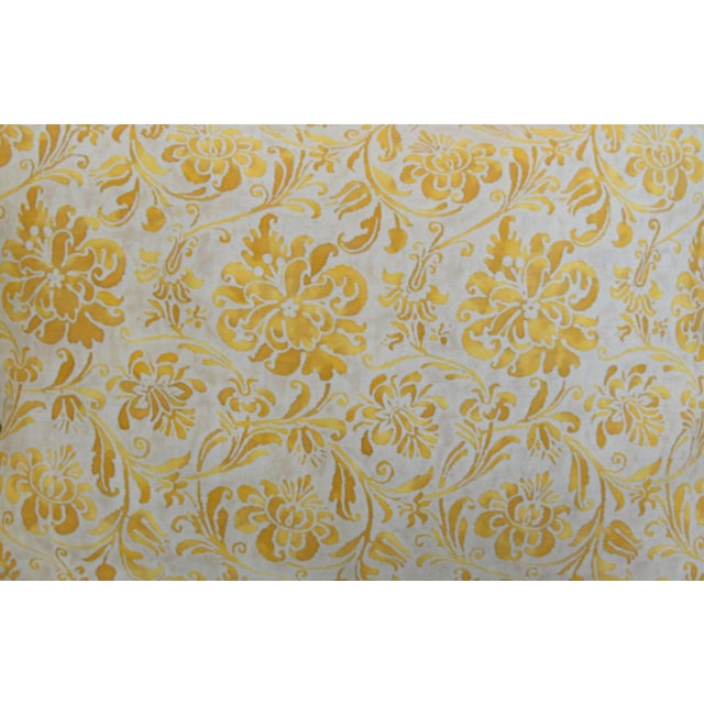 Custom-tailored pillow in Italian Mariano Fortuny cotton fabric called "Cimarosa" in a yellow, gold, and cream colorway....