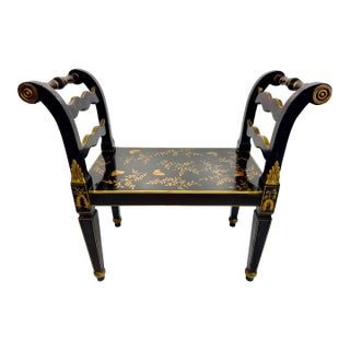 Vintage Chinoiserie Black Lacquer Accent Bench With Gilt Hand-Painted Motifs For Sale
