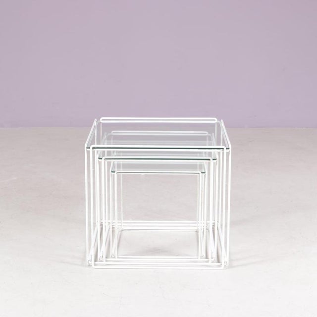 Metal Isocele Nesting Tables in White Metal with Glass Tops by Max Sauze, France, 1970s, Set of 3 For Sale - Image 7 of 10
