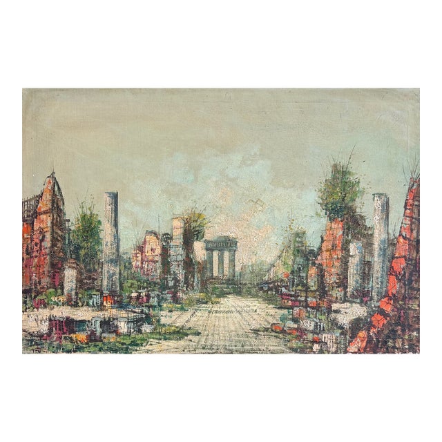 Mid-Century Modern Oil Painting, Abstract Cityscape With Classical Ruins Influence, Large Textured Canvas, C. 1950s For Sale