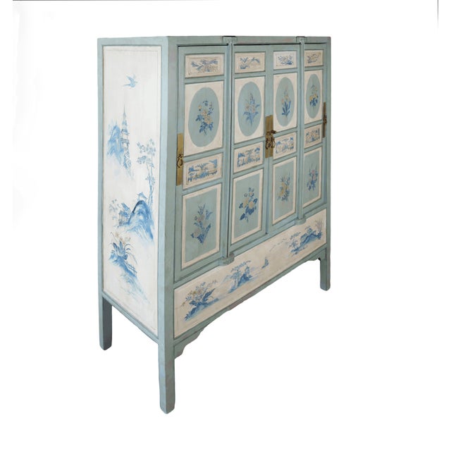 Antique White Large Chinese 20th-Century Cabinet With Blue and White Hand-Painted Flowers and Landscape Panels For Sale - Image 8 of 12