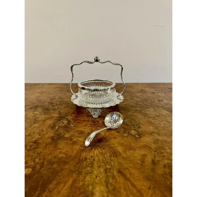 1900 - 1909 Antique Edwardian Silver Plated Jam Pot and Spoon, 1900, Set of 2 For Sale - Image 5 of 6