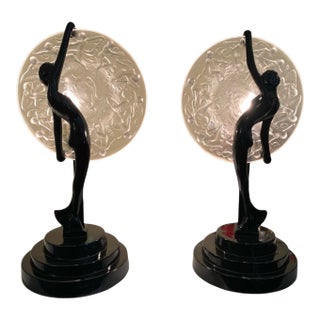 1980s Art Deco Frankart Nude With Consolidated Glass Moon Lamps by Sarsaparilla - a Pair For Sale
