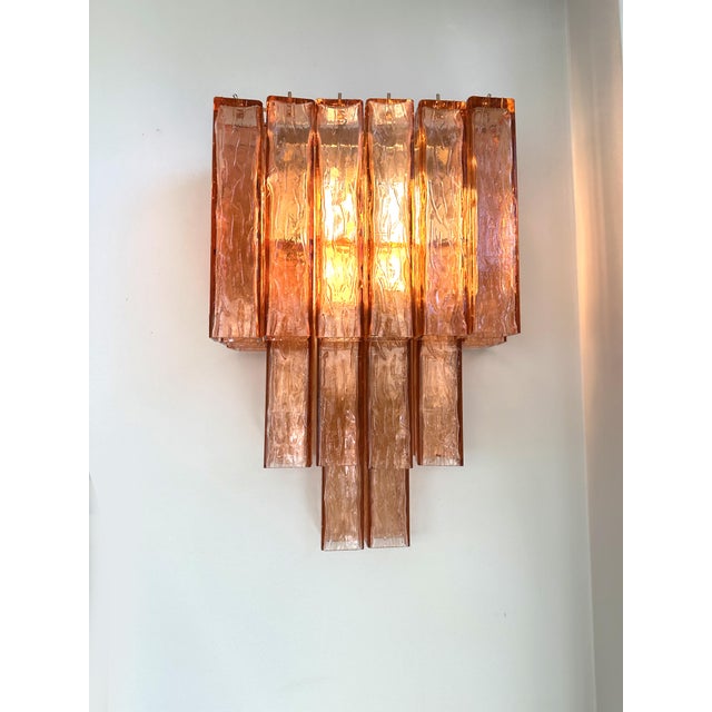Murano Luxury Italian Amber-Rosè “Squared” Murano Glass Gold Wall Sconces -Set of Two For Sale - Image 4 of 4