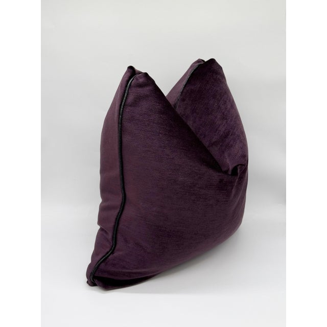 Traditional Deep Plum Velvet Throw Pillow Cover With Black Leather Welt For Sale - Image 3 of 7