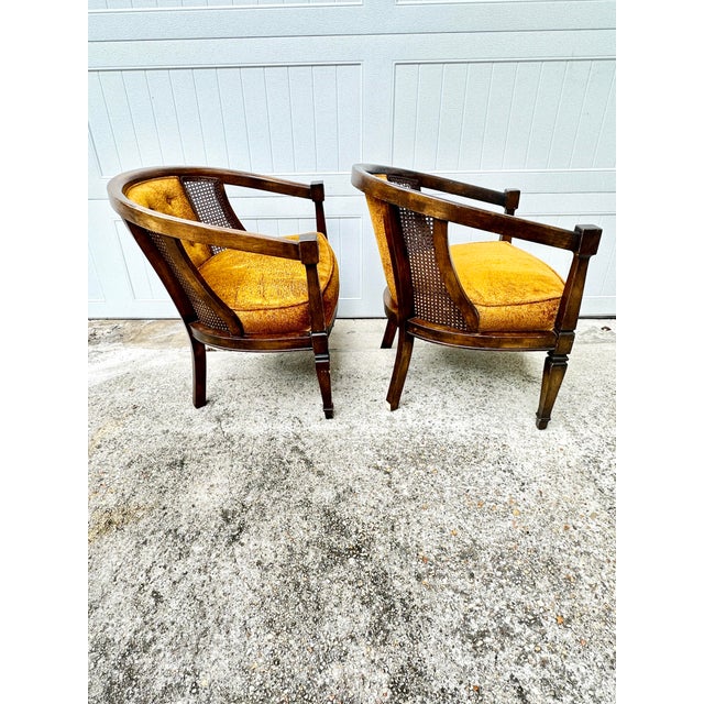 Goldenrod Vintage Velvet, Wood and Cane Barrel Chairs-a Pair For Sale - Image 8 of 11