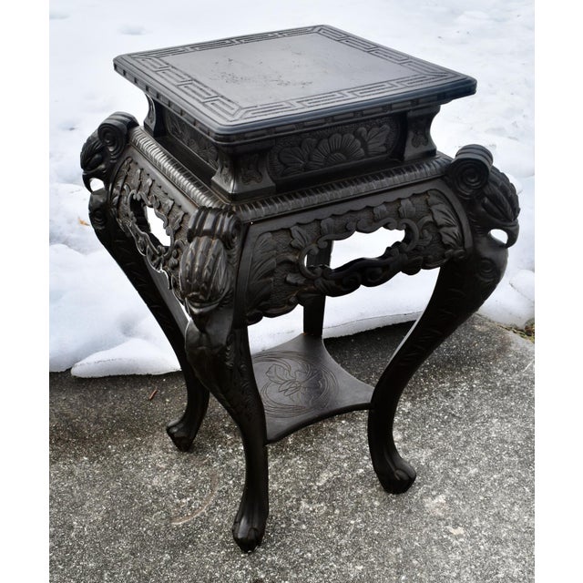 Black Antique Carved Chinese Two Tier Table W/Craved Birds For Sale - Image 8 of 14
