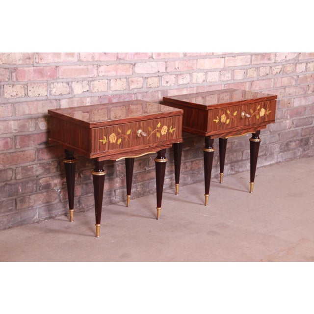French Art Deco Macassar Ebony Inlaid Marquetry Nightstands, Circa 1950s For Sale In South Bend - Image 6 of 13