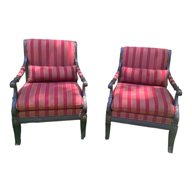 Ethan Allen Newport Neoclassical Empire Lounge Armchairs Set of 2 Burgundy Gold Striped For Sale