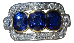 The Blue Horizon: Ladies Antique Sapphire and Diamond Three Stone Ring in Platinum and Yellow Gold