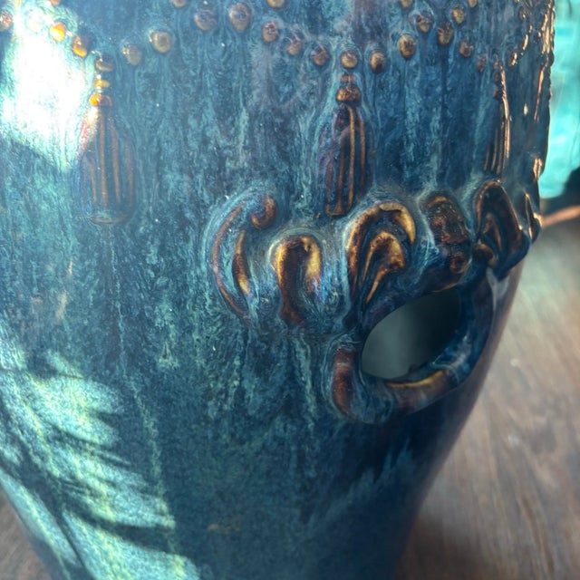 Vintage Chinese Cobalt Blue Glazed Porcelain Drum Form Garden Plant Stands - Set of 2 For Sale - Image 11 of 12