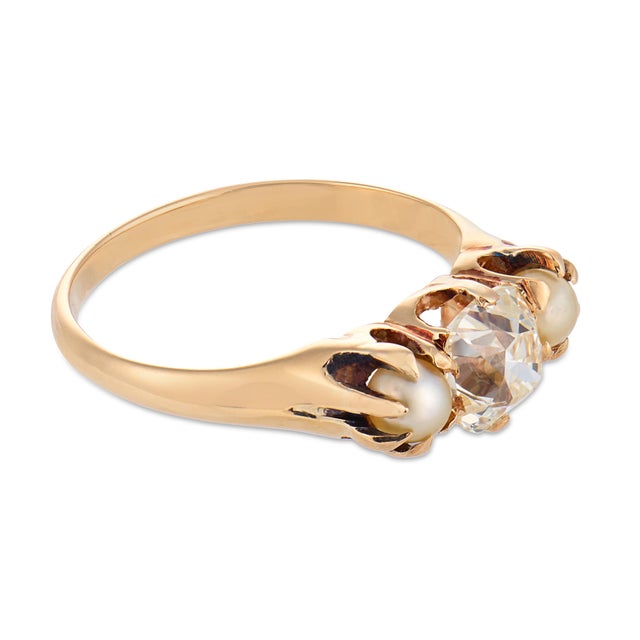 Late 19th Century Late 19th Century Victorian Gia Old Mine Cut Diamond Pearl 14k Yellow Gold Ring, Size 4.25 For Sale - Image 5 of 5