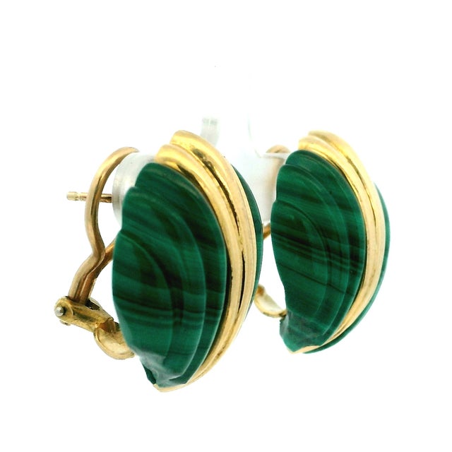 Dark Green Vintage 1970s 18k Gold Carved Malachite Sculptural Clip-on Earrings, Pair For Sale - Image 8 of 13