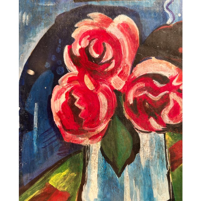 German Expressionist Artist, Still Life with Vase of Flowers, Oil Tempera on Panel, 20th Century, Framed For Sale - Image 9 of 15