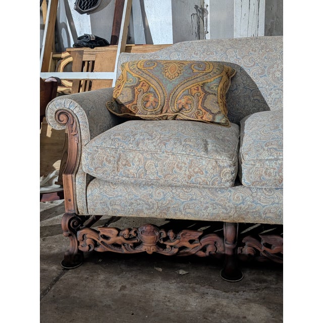 Vintage Victorian Revival Carved Wood Sofa With Paisley Upholstery For Sale - Image 4 of 16
