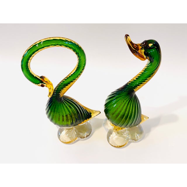 Glass 1960s Pair of Mid Century Murano Geese Green and Gold Spiral Glass Sculptures For Sale - Image 7 of 9
