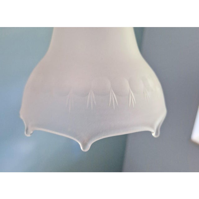 Antique Art Nouveau Chandelier in Brass and Scalloped Frosted Glass, 1890s For Sale - Image 9 of 16