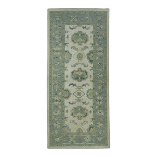 Green & Blue Turkish Oushak Rug 4'2" x 9'3" For Sale