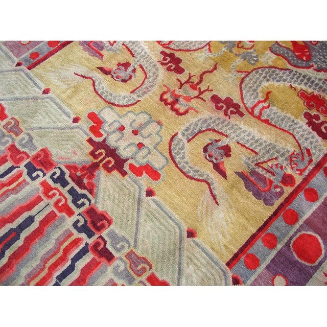 Late 19th Century 1890s Yellow Dragon Qing Antique Chinese Ningxia Banner Square Wool Rug For Sale - Image 5 of 9