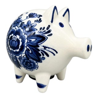 Vintage Blue and White Delft Style Floral Ceramic Piggy Bank – Dutch Colonial, Folk Art For Sale