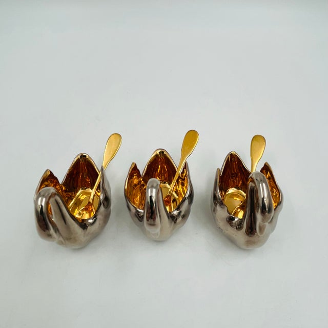 Vintage Limoges Silver/Platinum and Gold Plated Porcelain Swan Salt Cellar With Gold Plated Spoon For Sale - Image 11 of 12