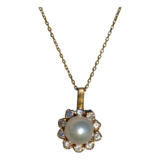 The Alexia: Ladies Simple Pearl and Diamond Necklace in 14K For Sale