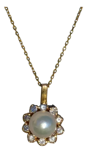 The Alexia: Ladies Simple Pearl and Diamond Necklace in 14K