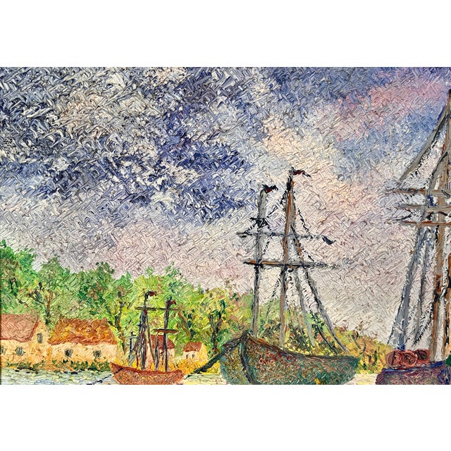 1960s Lélia Pissarro Signed Oil Painting French Harbor Port Landscape Impressionist For Sale - Image 4 of 7