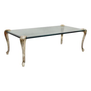 Vintage French Hollywood Regency Beveled Glass Bronze Cabriole Leg Coffee Table For Sale