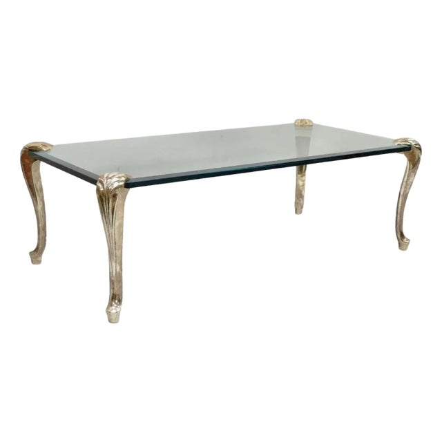 Vintage French Hollywood Regency Beveled Glass Bronze Cabriole Leg Coffee Table For Sale