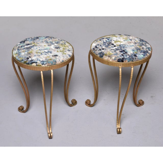Mid-Century Modern Vintage Gilt Iron Small Round Stools With New Italian Velvet Upholstery - Pair For Sale - Image 3 of 10