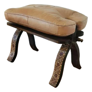 Handcrafted Moroccan Camel Saddle, Genuine Leather Cushion Stool / Beige