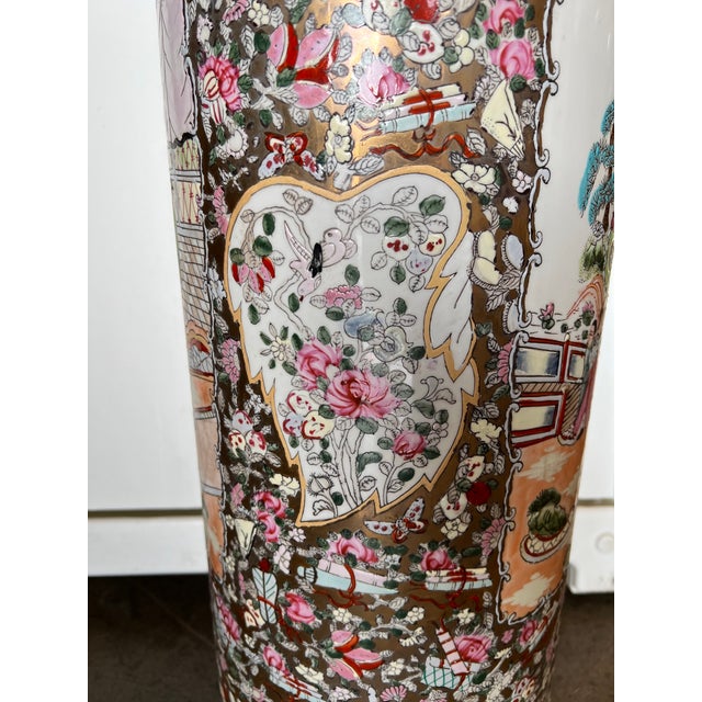 Mid Century Asian Umbrella/Cane Stand With Gold Accents Rose Medallion Style For Sale - Image 9 of 13