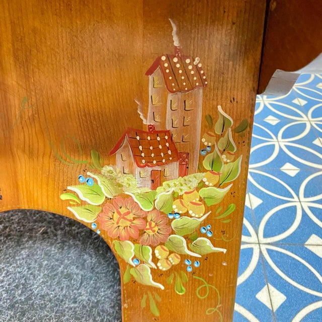 Brown Vintage Danish Style Handcrafted Folk Art Wood Bench With Hand Painted Designs For Sale - Image 8 of 14