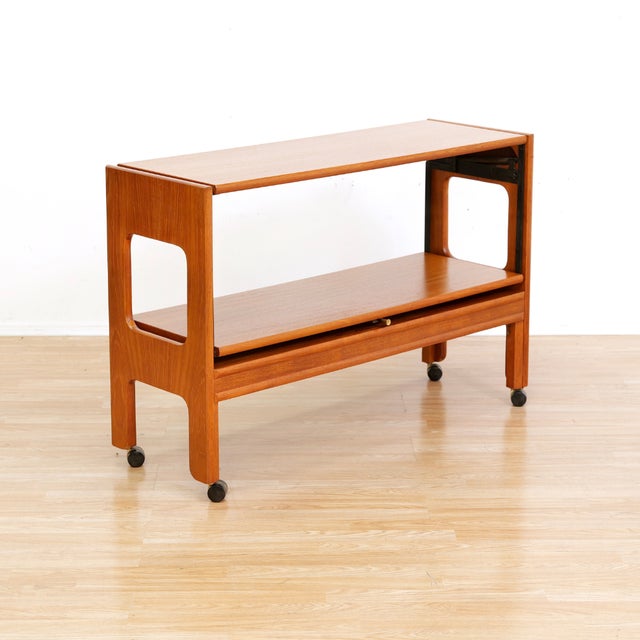 Mid Century Teak Mechanical Bar Cart Folding Console Table For Sale - Image 4 of 10