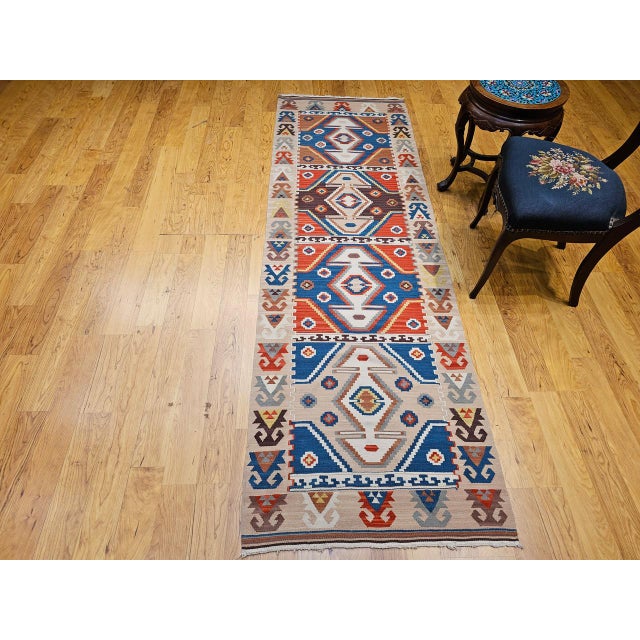 Vintage Turkish Tribal Kilim Runner, Handwoven Wool, Geometric Caucasian Pattern, Blue & Red, 3x8 For Sale - Image 4 of 17