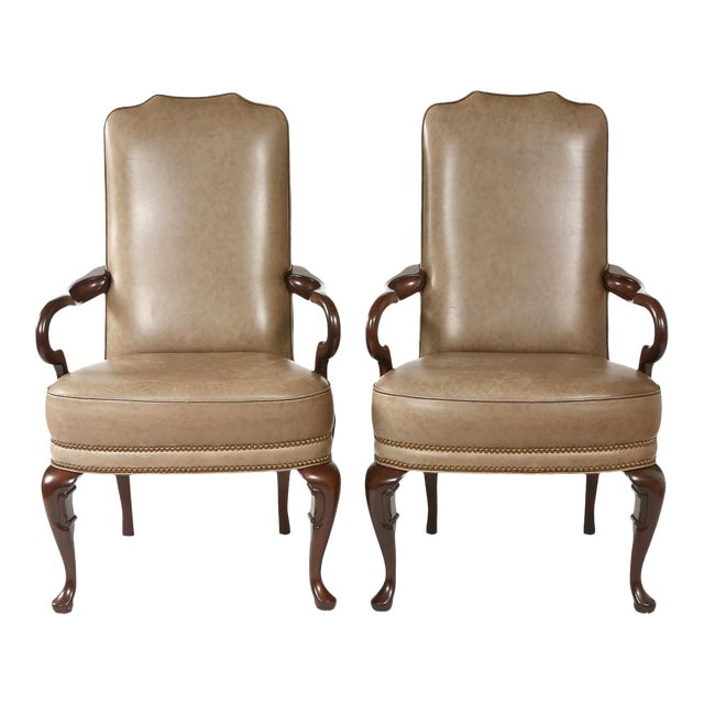 Pair of Queen Anne Style Leather Armchairs For Sale