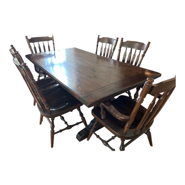 1970s Ethan Allen Old Tavern Dining Room Table and 6 Chairs For Sale