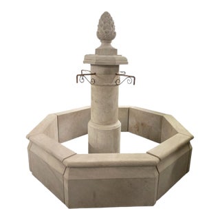 Large French Style Octagonal Carved Limestone Garden Fountain With Pinecone Finial For Sale
