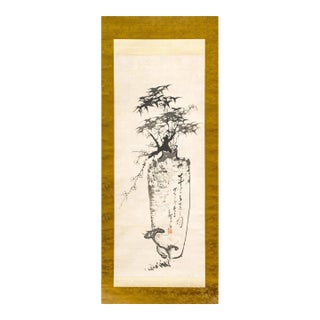 Antique Japanese Ink Hanging Scroll Hidaka Tetsuo with Wood Storage Box For Sale