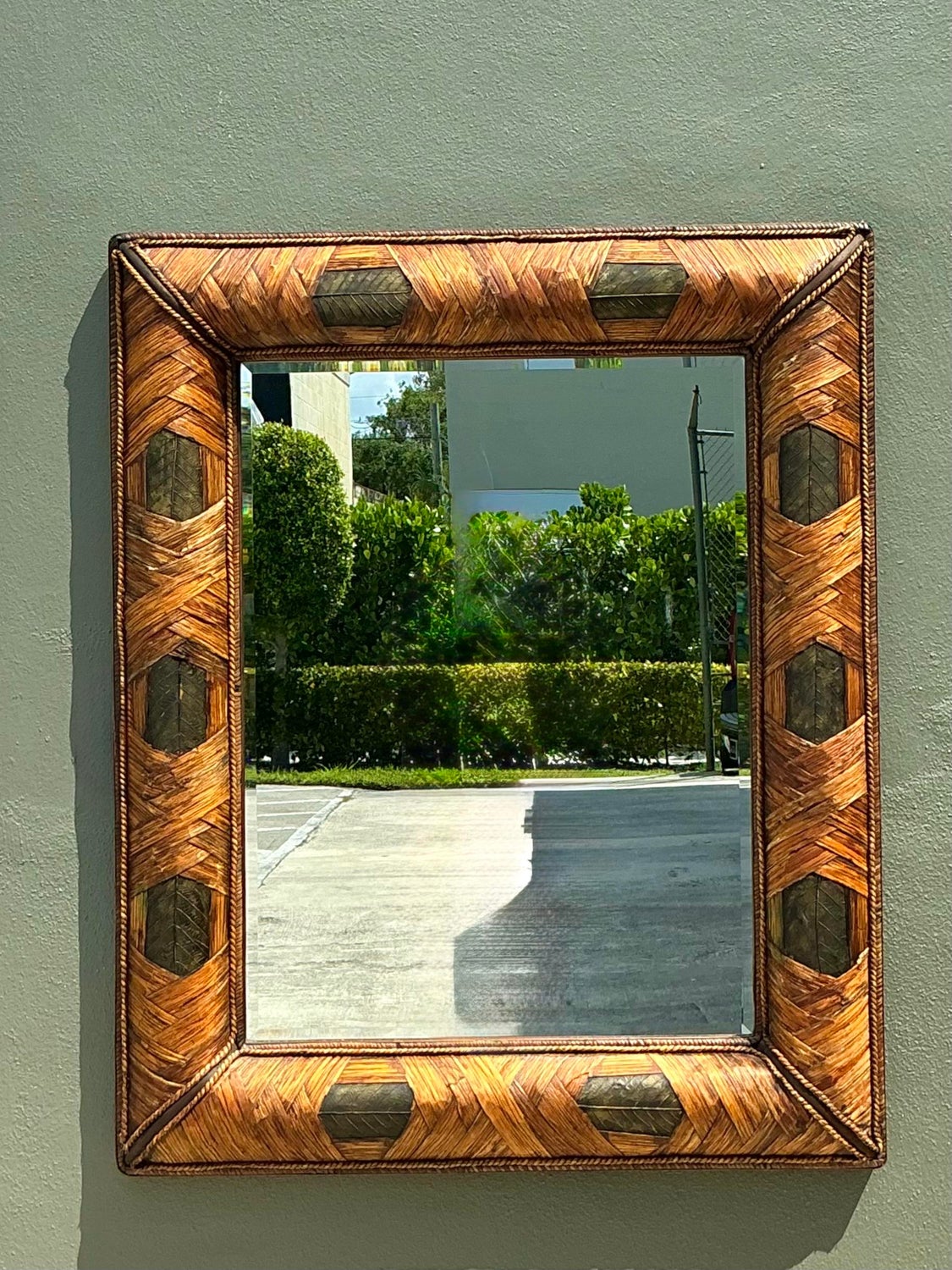 Vintage Wrapped Rattan Brass Leaf Mirror - Back view
