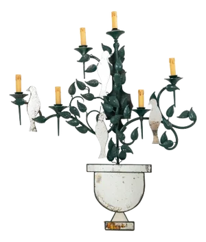 Large Mirrored Birds on Green Tole Vine Wall Sconce, France 1940s