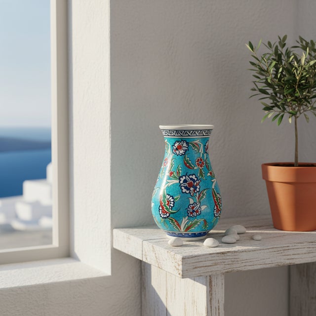 Handmade Ceramic Pear Vase (20cm) – Vibrant Aegean Turquoise – Geometric Meander Rim & Red Florals For Sale - Image 6 of 10